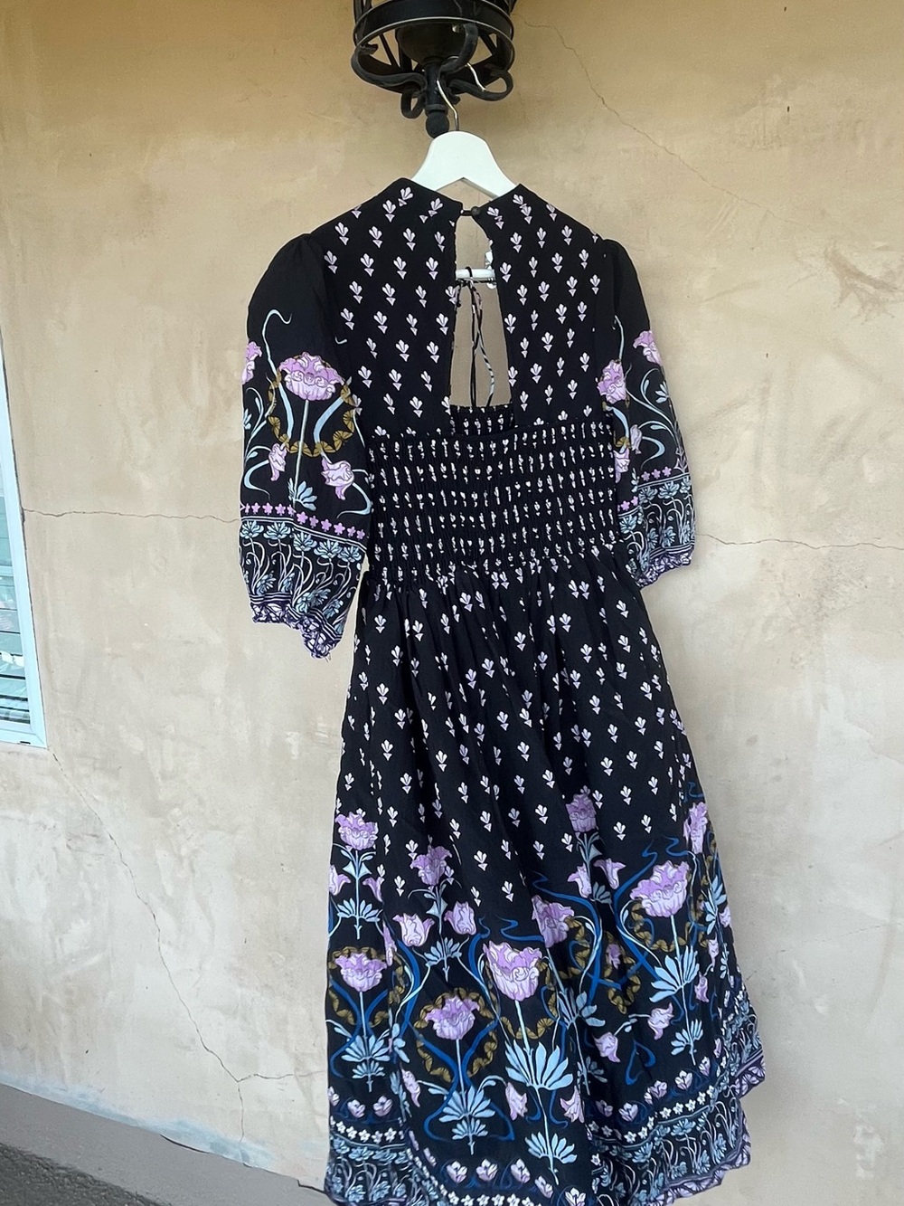 Anthropologie Black Midi Dress with Lavender and Blue Floral Embroidery